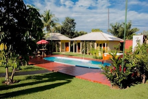 A pool area with a red and blue pool, surrounded by a lawn and palm trees.