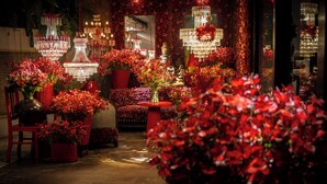 A well-lit indoor space with multiple chandeliers, red flowers, and wicker furniture. - Jaya House River Park Hotel (Siem Reap)