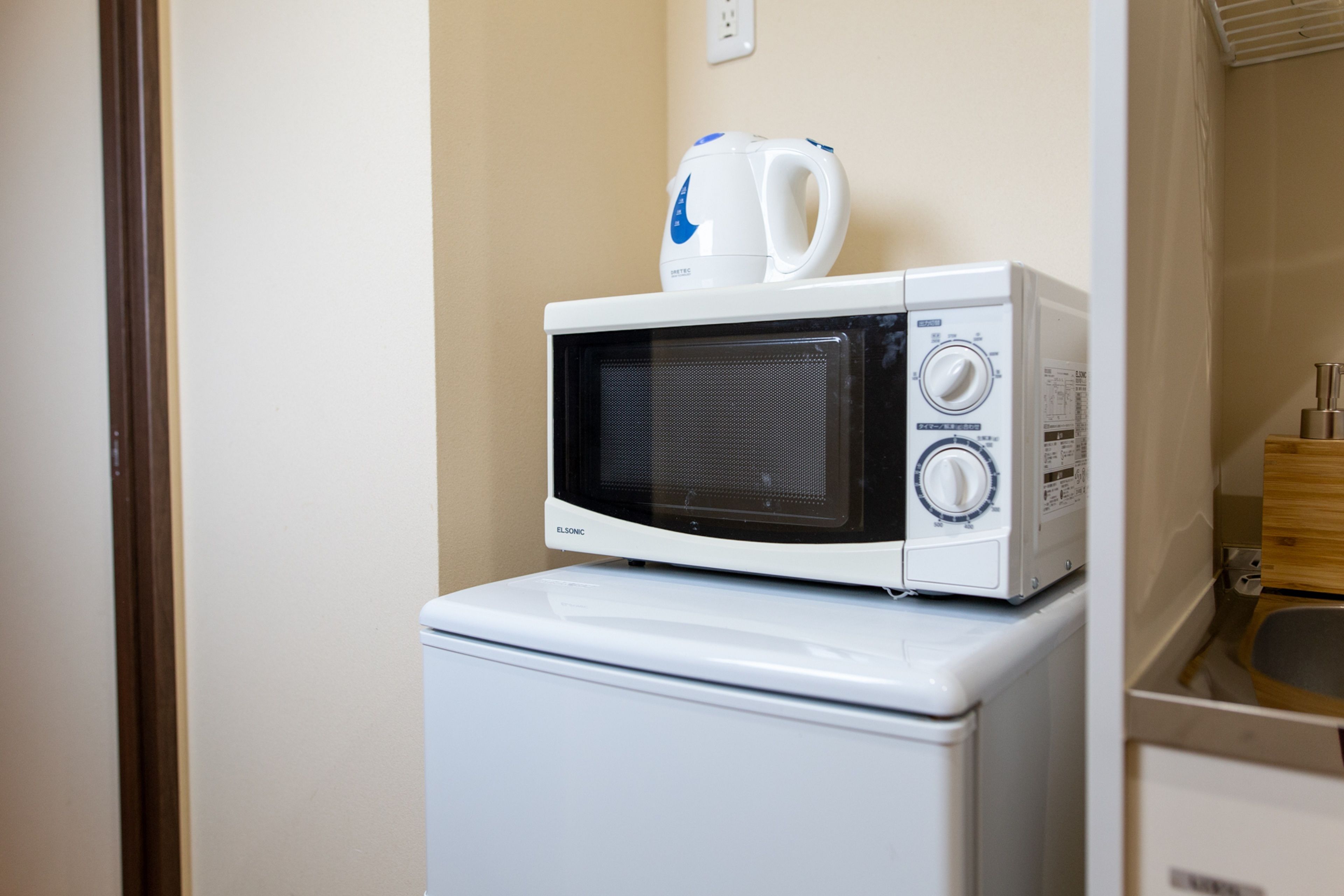 fridge, microwave, electric kettle, rice cooker