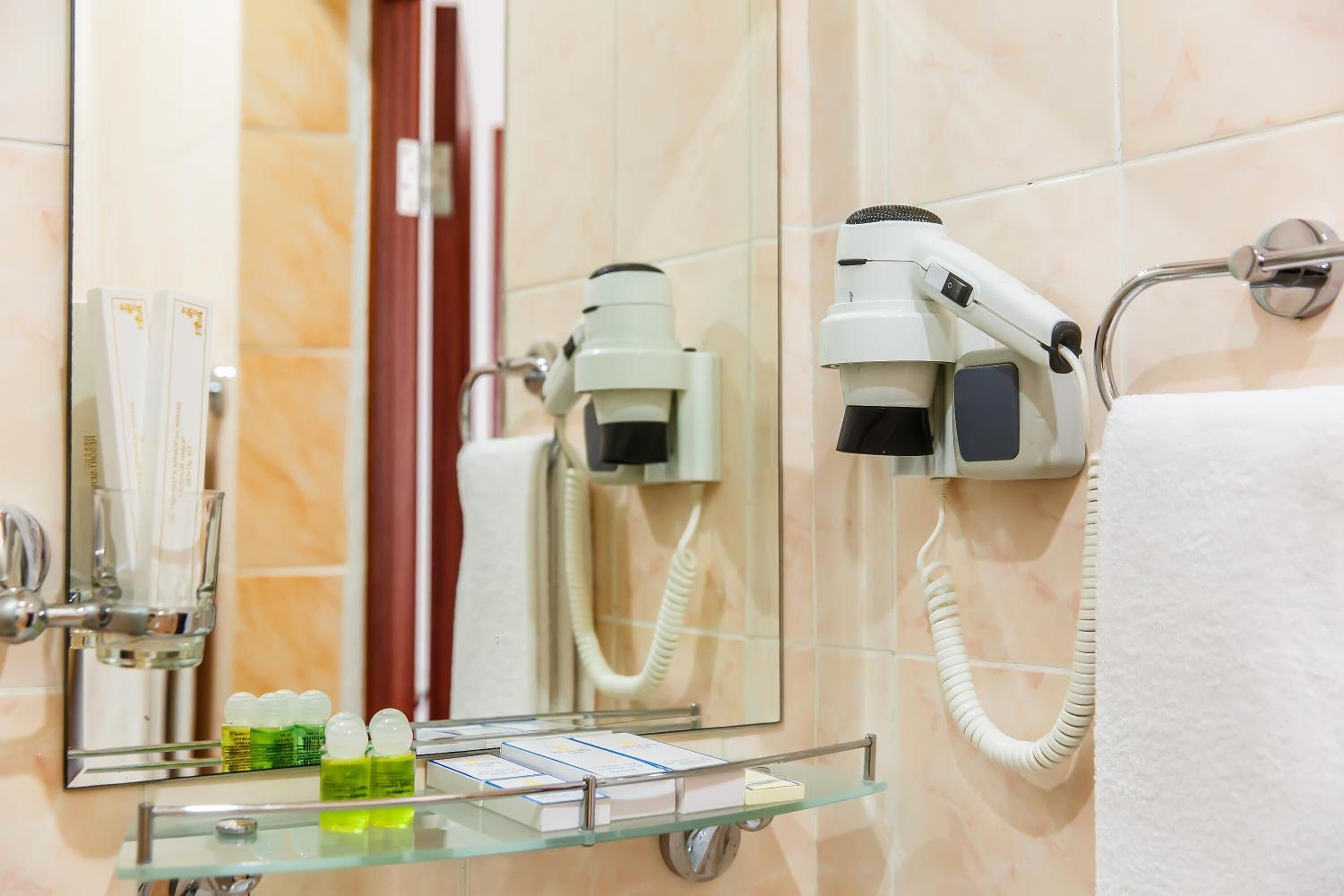 Un baño con repisas de vidrio para artículos de aseo, un secador de pelo montado en la pared y un perchero para toallas.