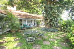 A courtyard with a dining table and chairs, surrounded by lush greenery and a large tree.