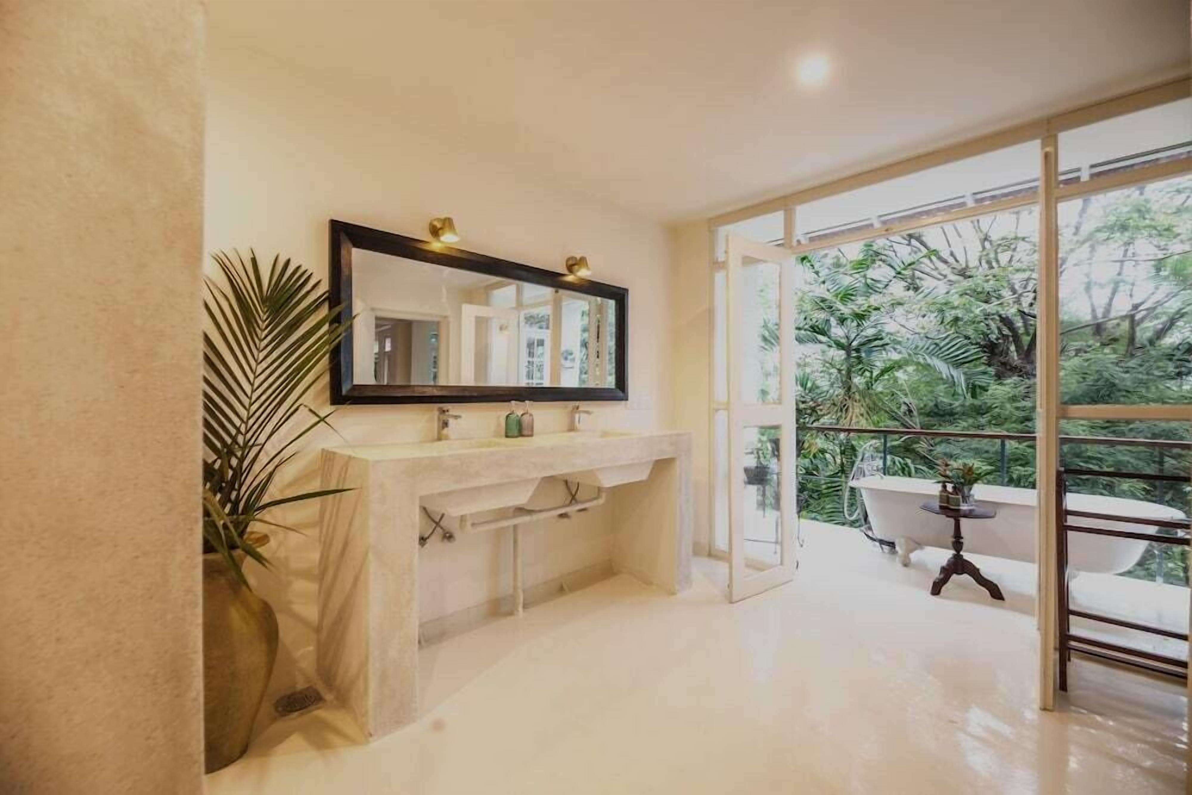 Une salle de bain moderne avec un grand miroir, un lavabo blanc et une plante en pot.