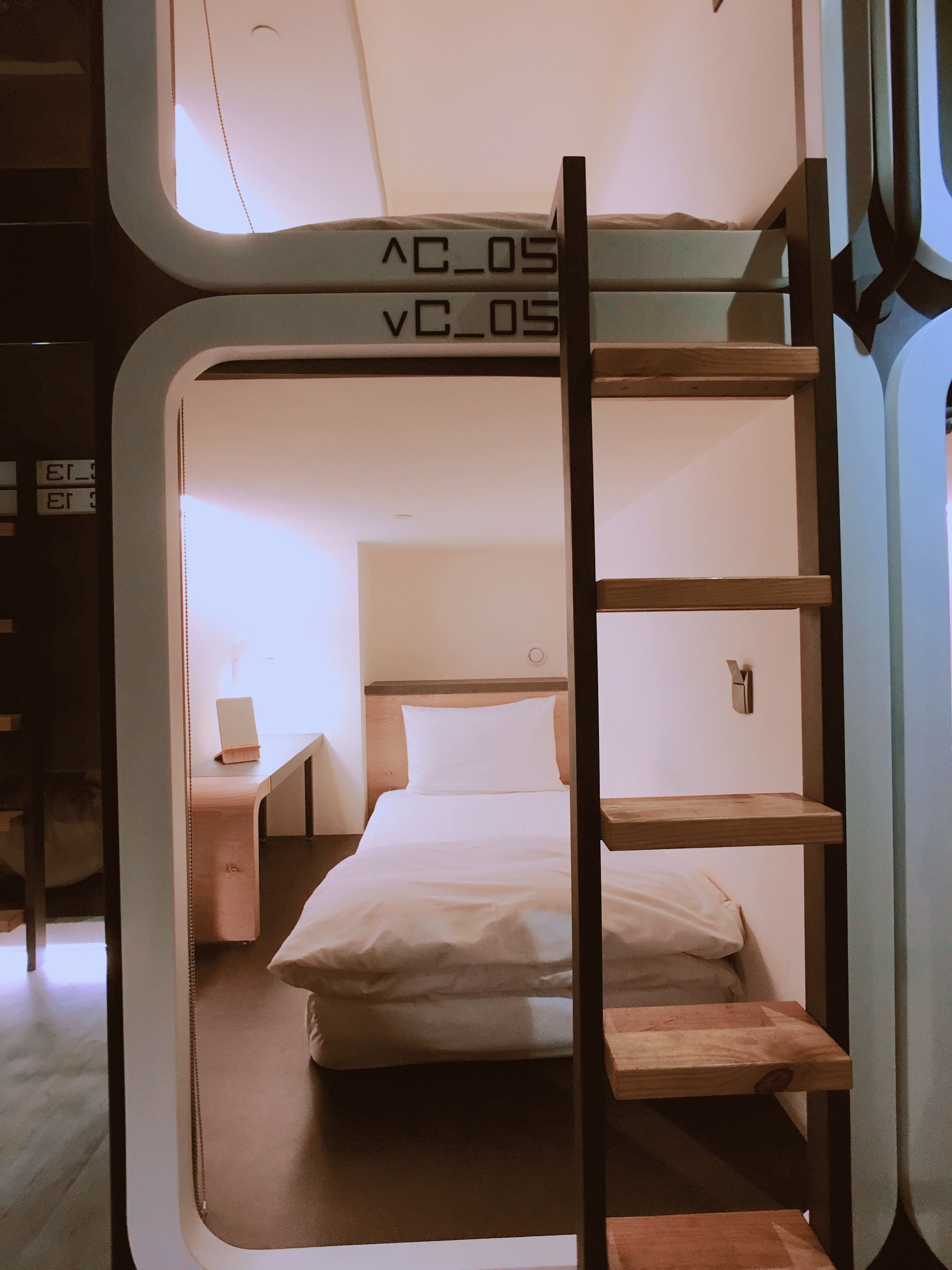 A bunk bed with a ladder, a bedside table, and a nightstand in a room with a white wall and a window.