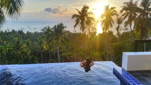 Une personne se détend dans une piscine à débordement, avec vue sur l’océan et les palmiers.