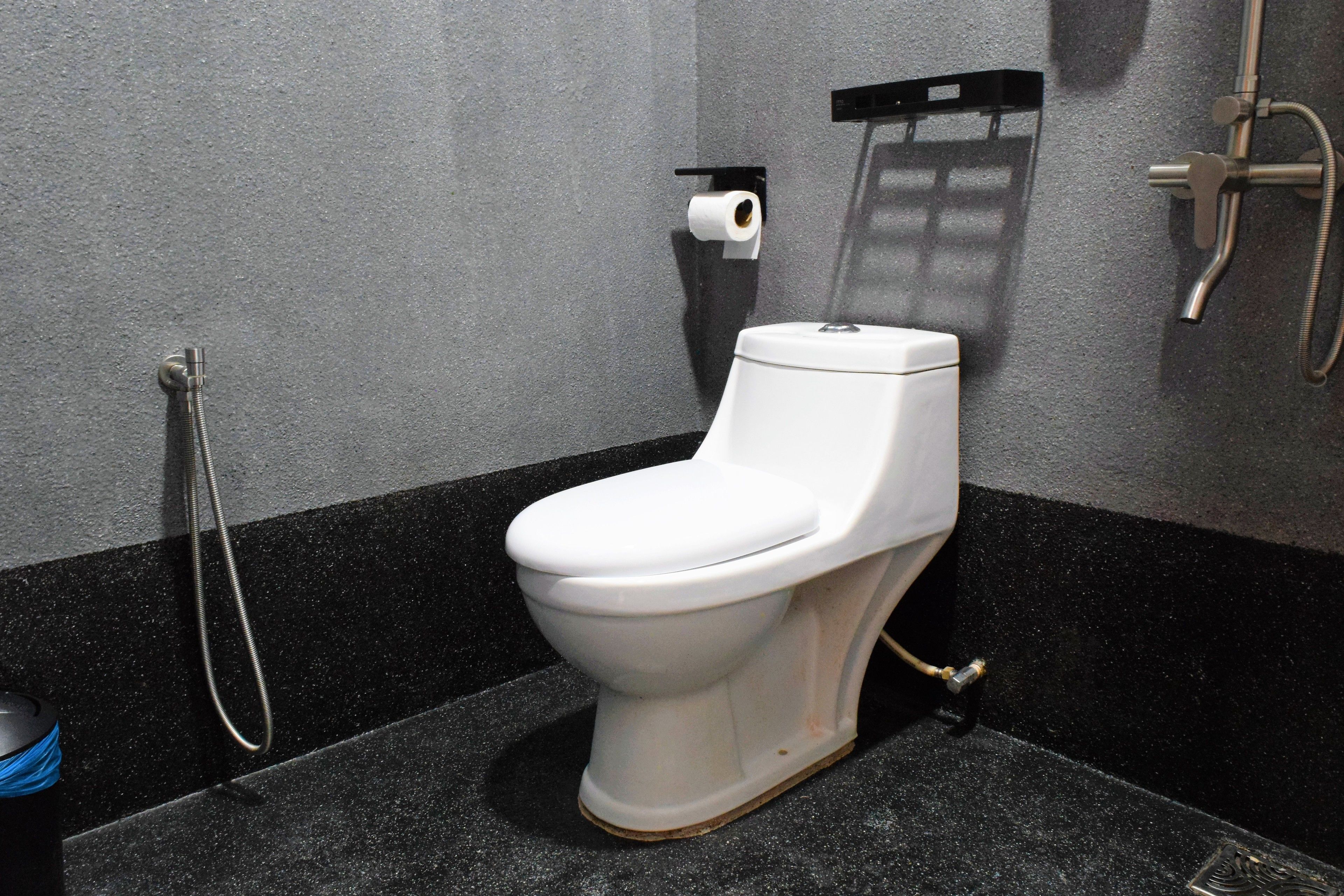 A white toilet with a black base, a toilet paper holder, a showerhead, and a metal pipe on the floor.