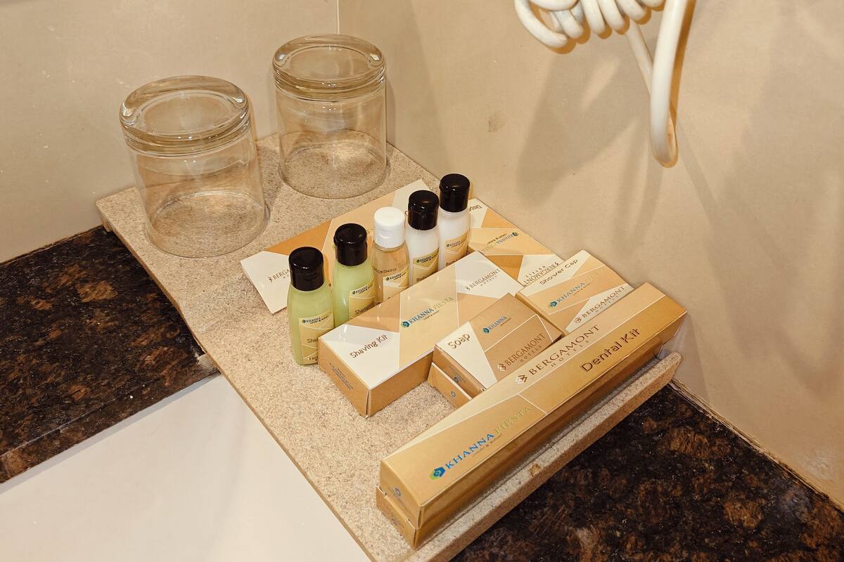 premium | bathroom | shower, rainfall showerhead, designer toiletries, hair dryer