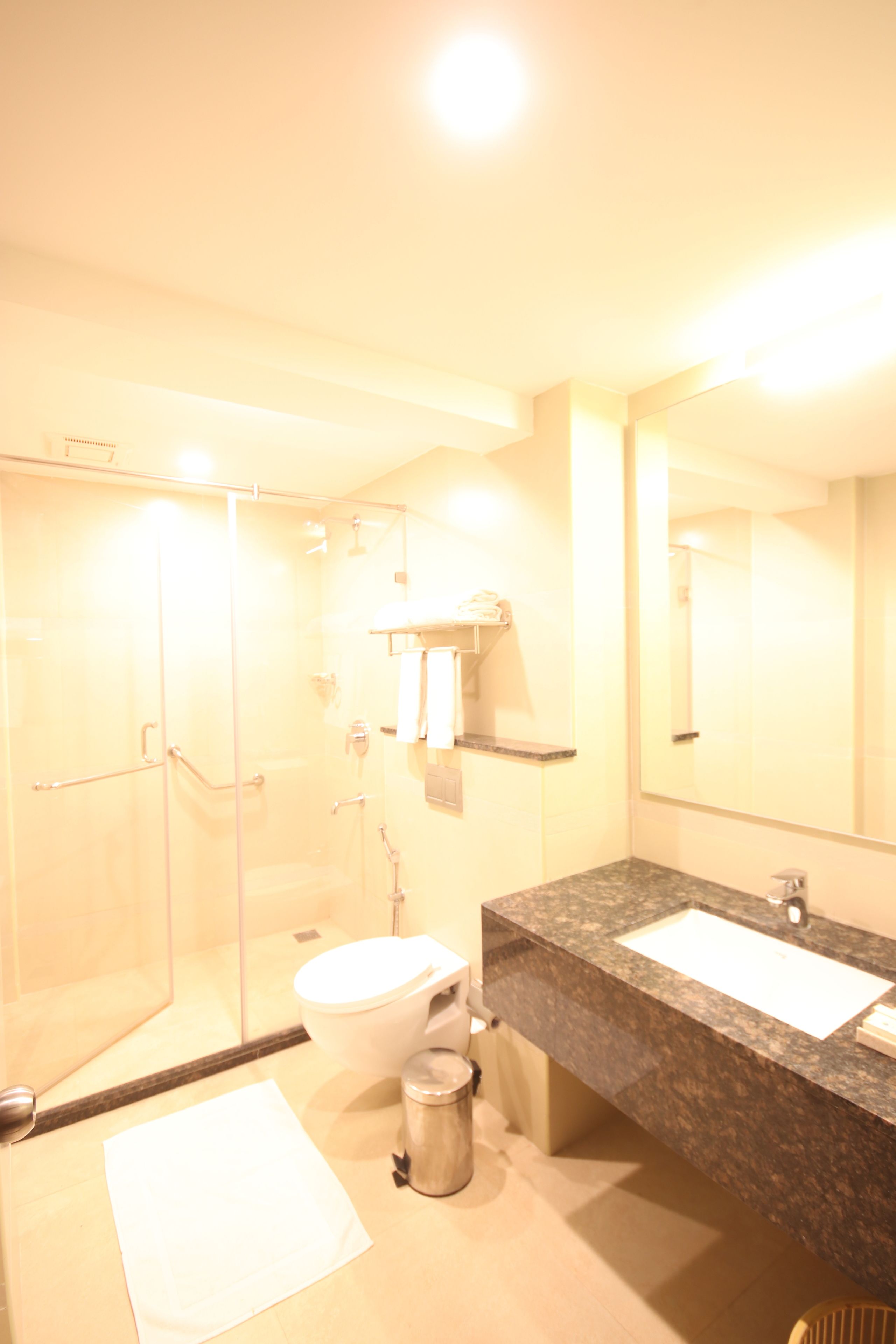 shower, rainfall showerhead, designer toiletries, hair dryer