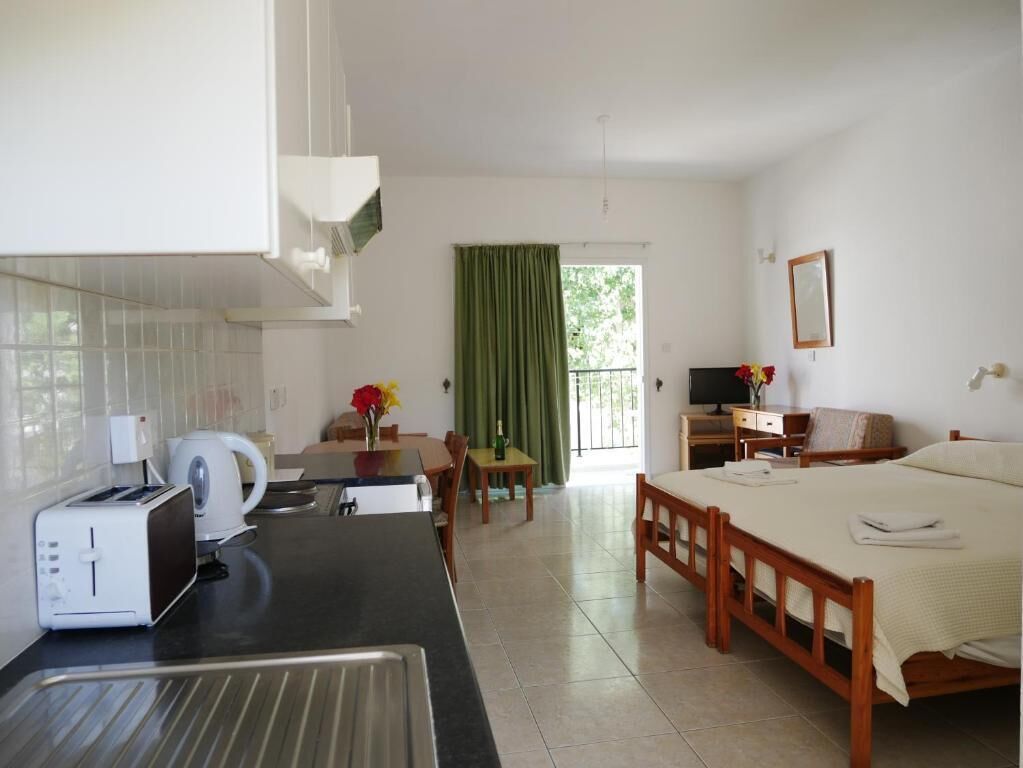 Habitación de hotel con cama, escritorio, silla, mesa con un florero, televisión y una kitchenette con tostadora.