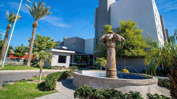 A modern building with a fountain, palm trees, and a clear blue sky.
