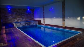 Indoor pool, outdoor pool, pool loungers