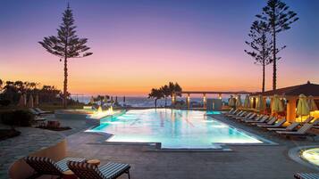 Outdoor pool, pool umbrellas, pool loungers