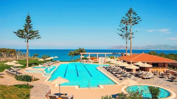 Outdoor pool, pool umbrellas, pool loungers