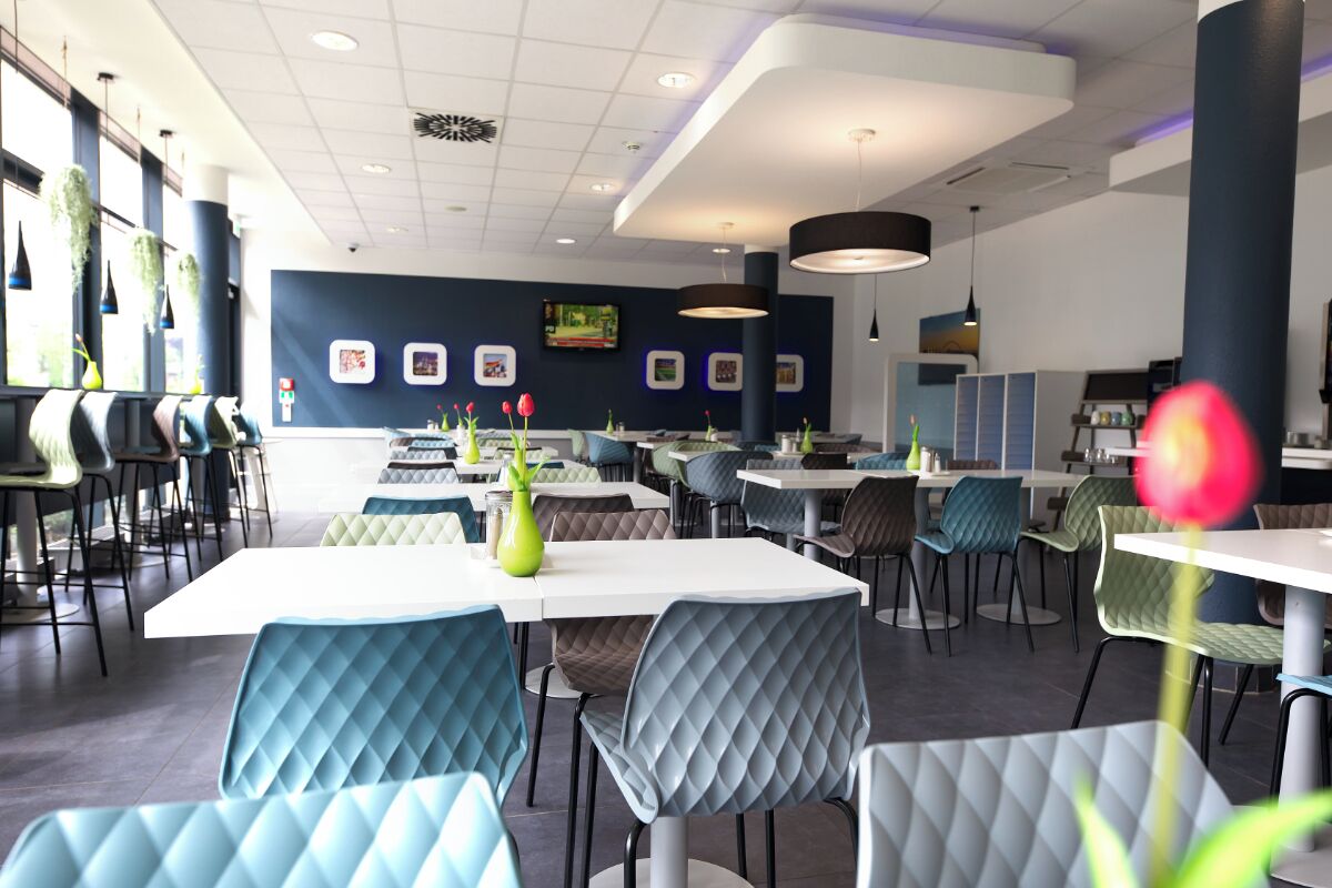 A modern restaurant with white tables and chairs, a dark blue wall with framed pictures, and hanging plants.