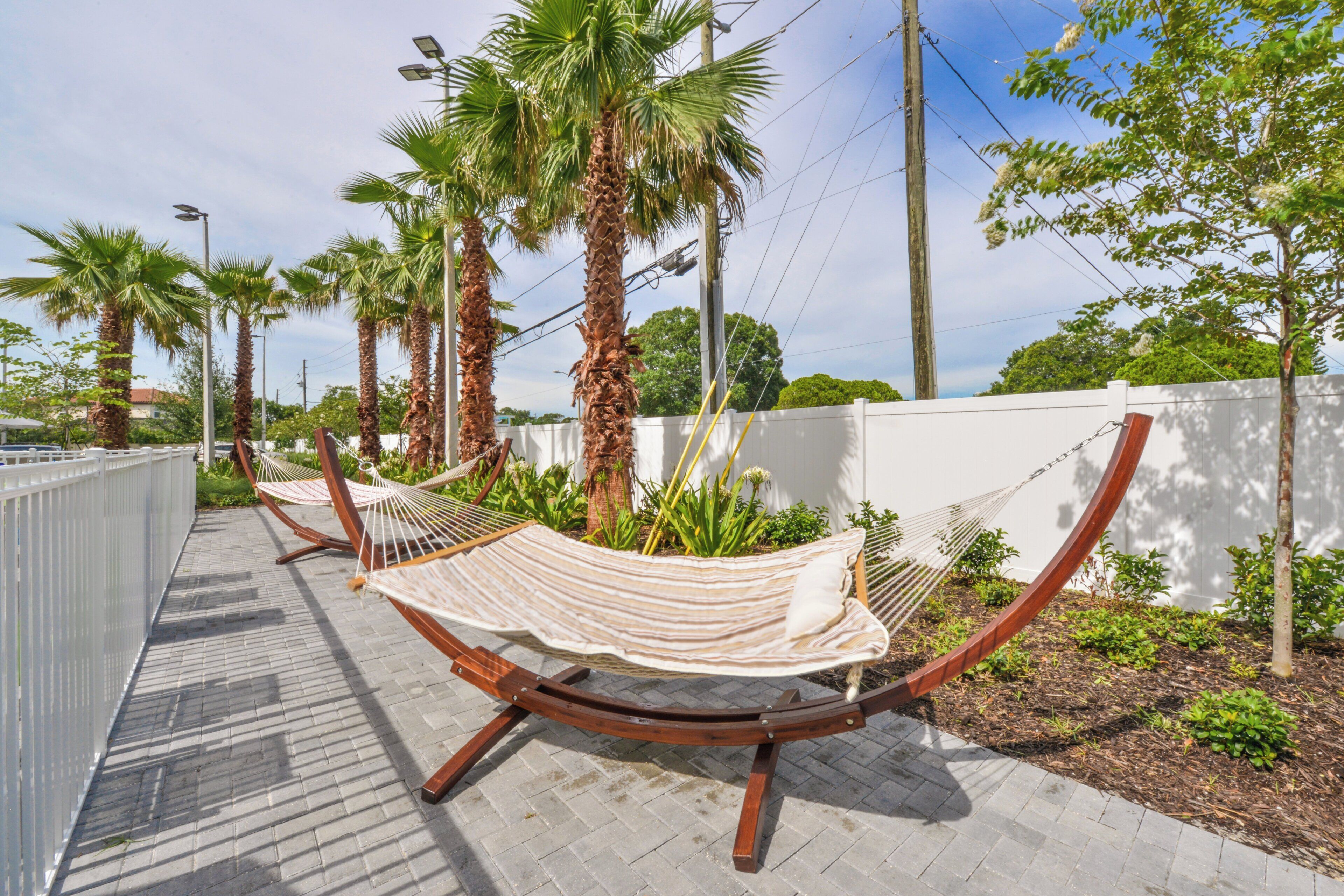 A hammock set up between two palm trees on a paved walkway.