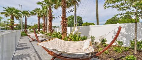 A hammock set up between two palm trees on a paved walkway.