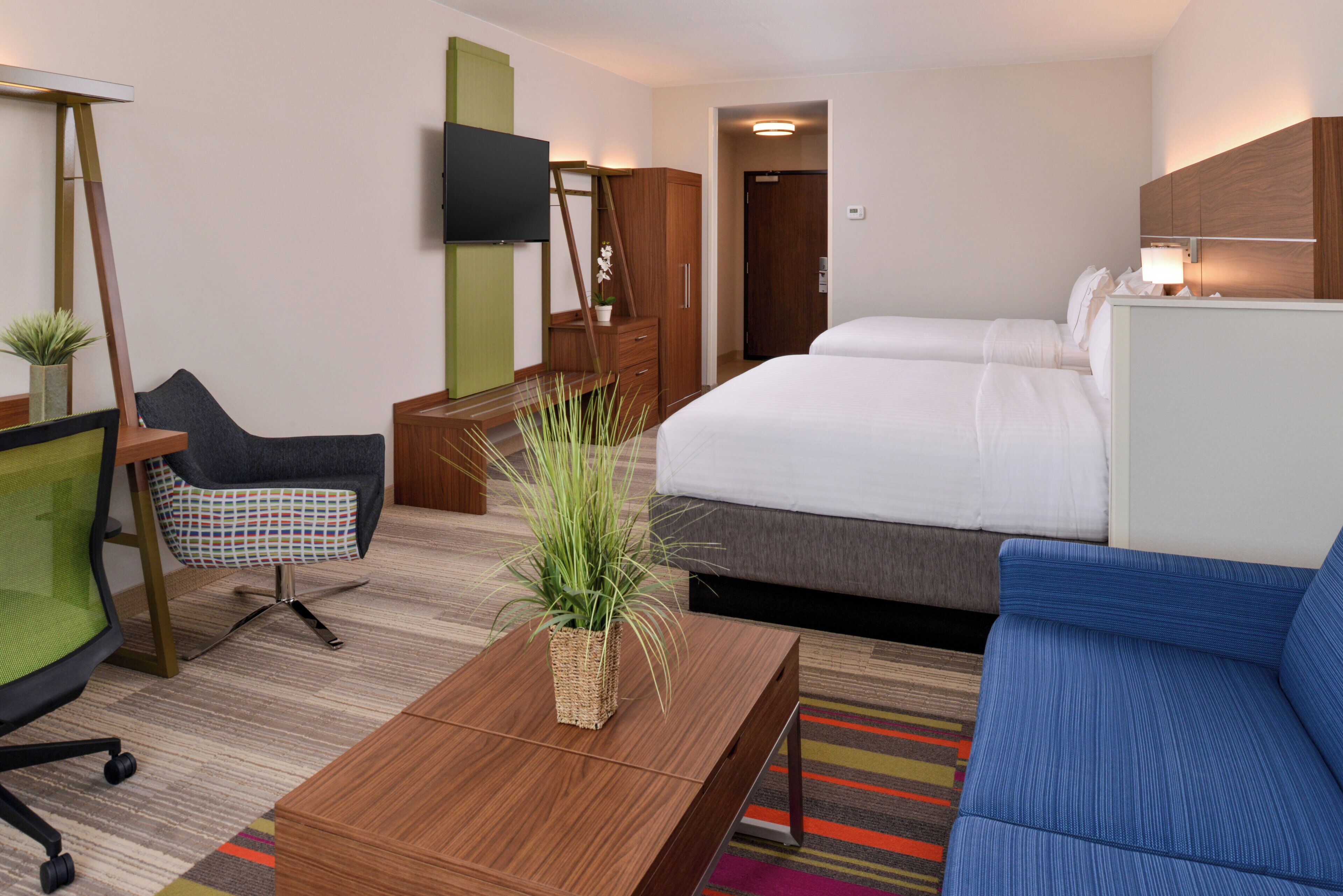 Una habitación de hotel con una cama, un escritorio, una silla, un televisor y una planta.