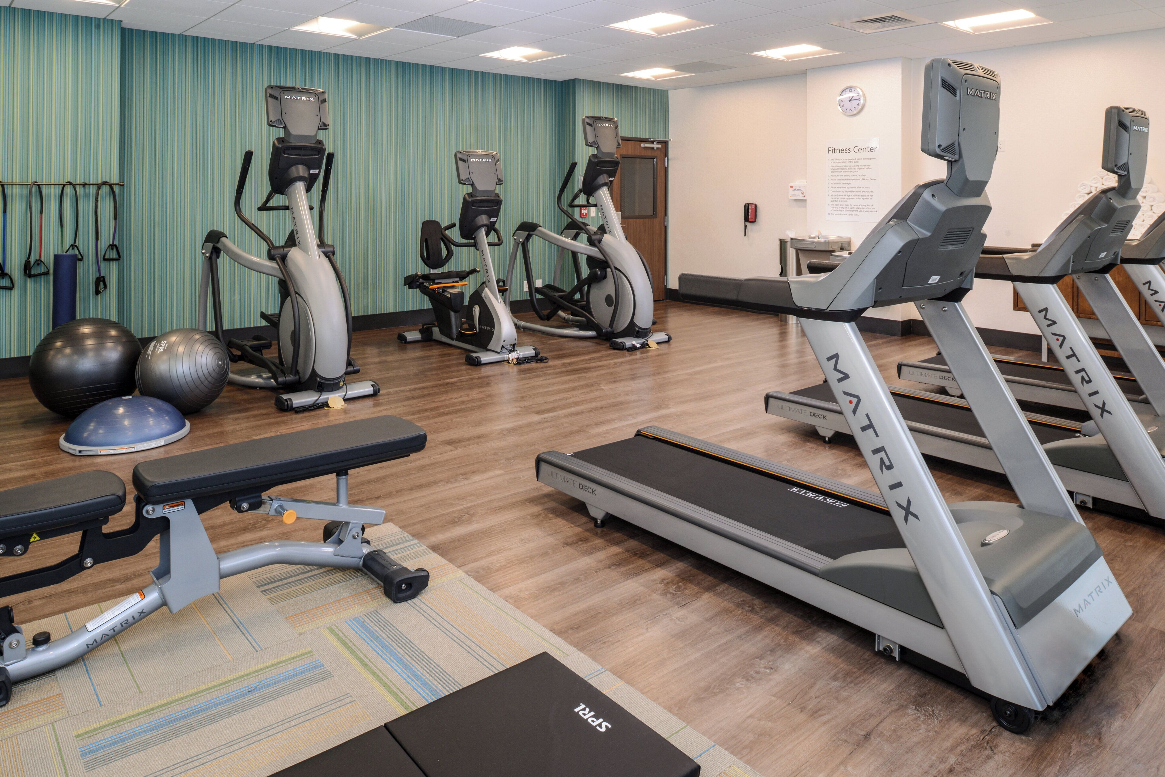 A fitness center with treadmills, elliptical machines, and exercise balls.
