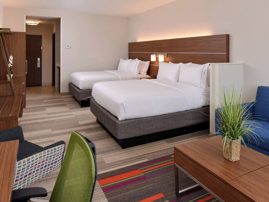 Habitación de hotel con dos camas, un escritorio, una silla, un sofá y una planta pequeña.