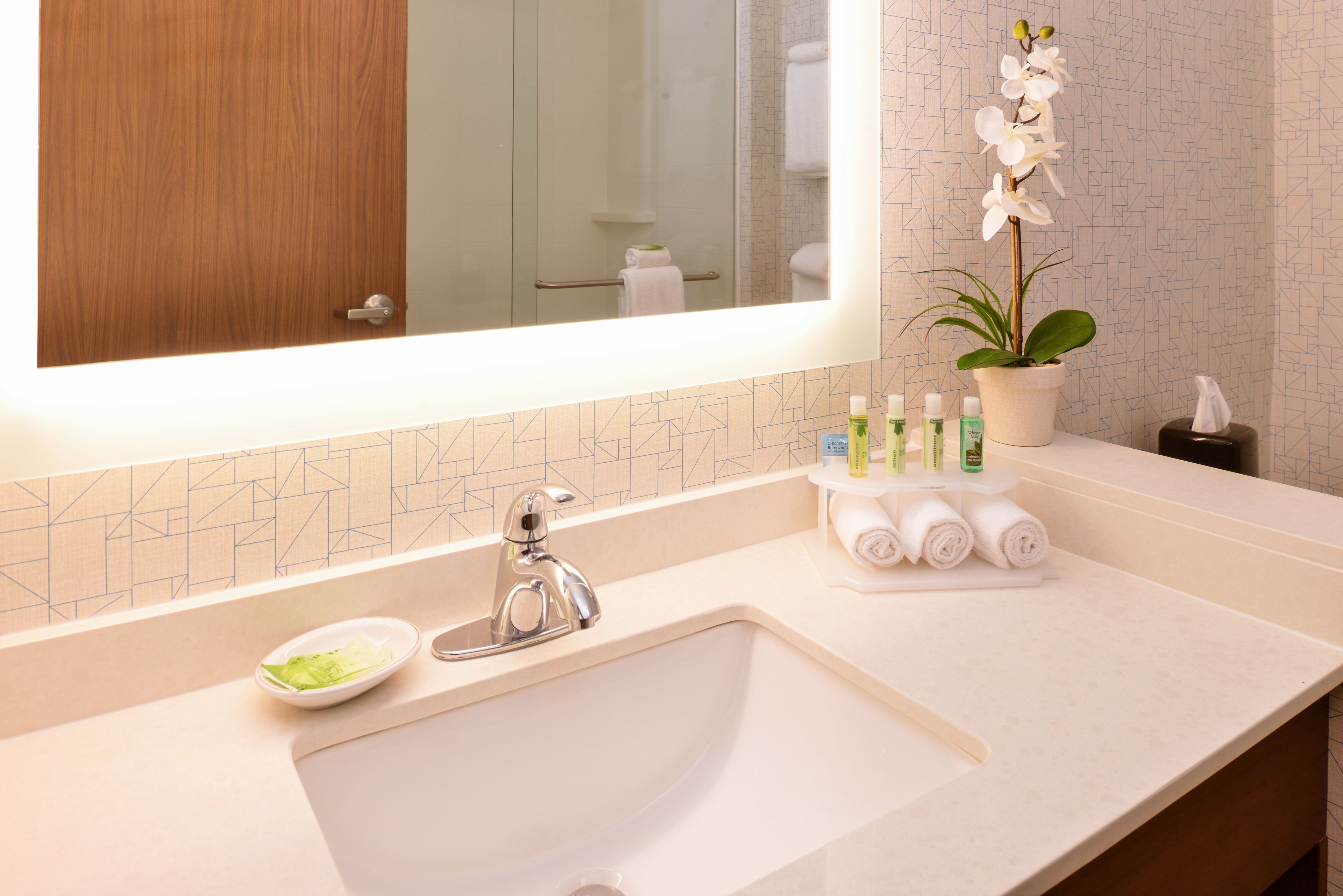 A bathroom with a large mirror, a sink, a potted orchid, and toiletries on the counter.
