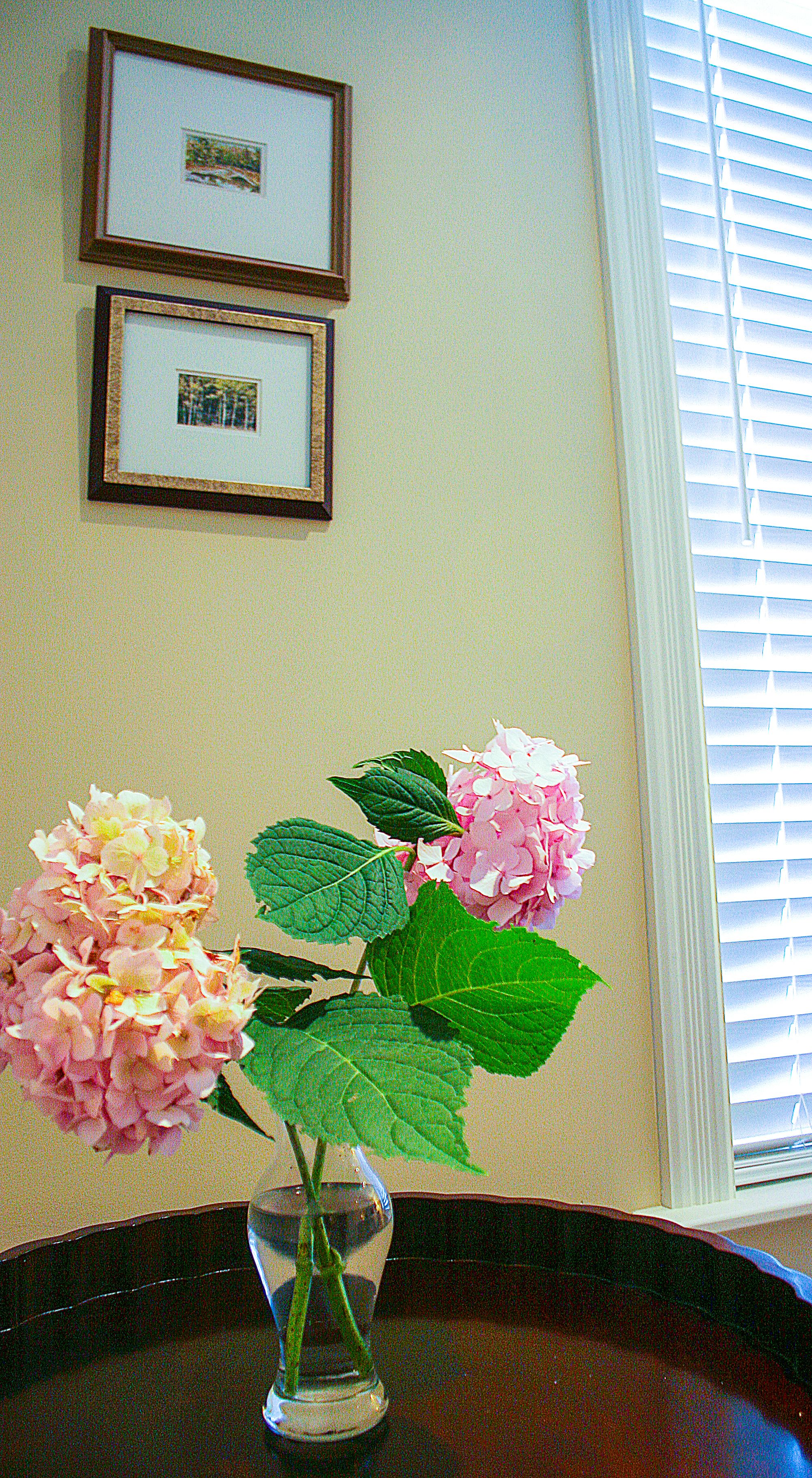 Eine Vase mit Blumen auf einem Tisch, ein Fenster mit Jalousien und zwei gerahmte Bilder an der Wand.