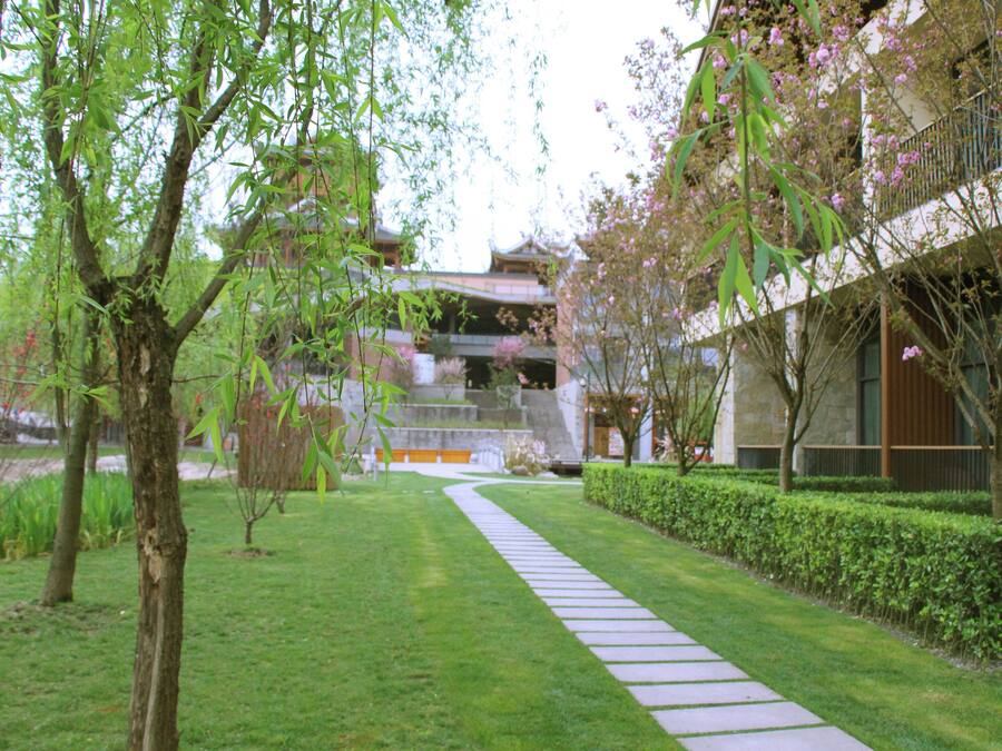 Un camino conduce a un edificio tradicional con una extensión moderna, rodeado de follaje y árboles en flor.
