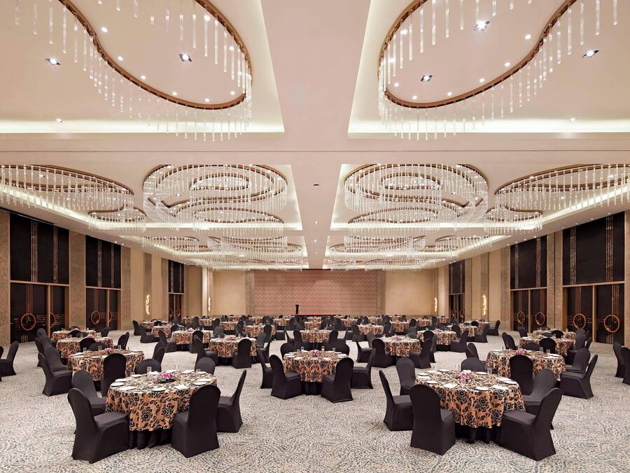 A banquet hall with round tables, black chairs, and a carpeted floor.