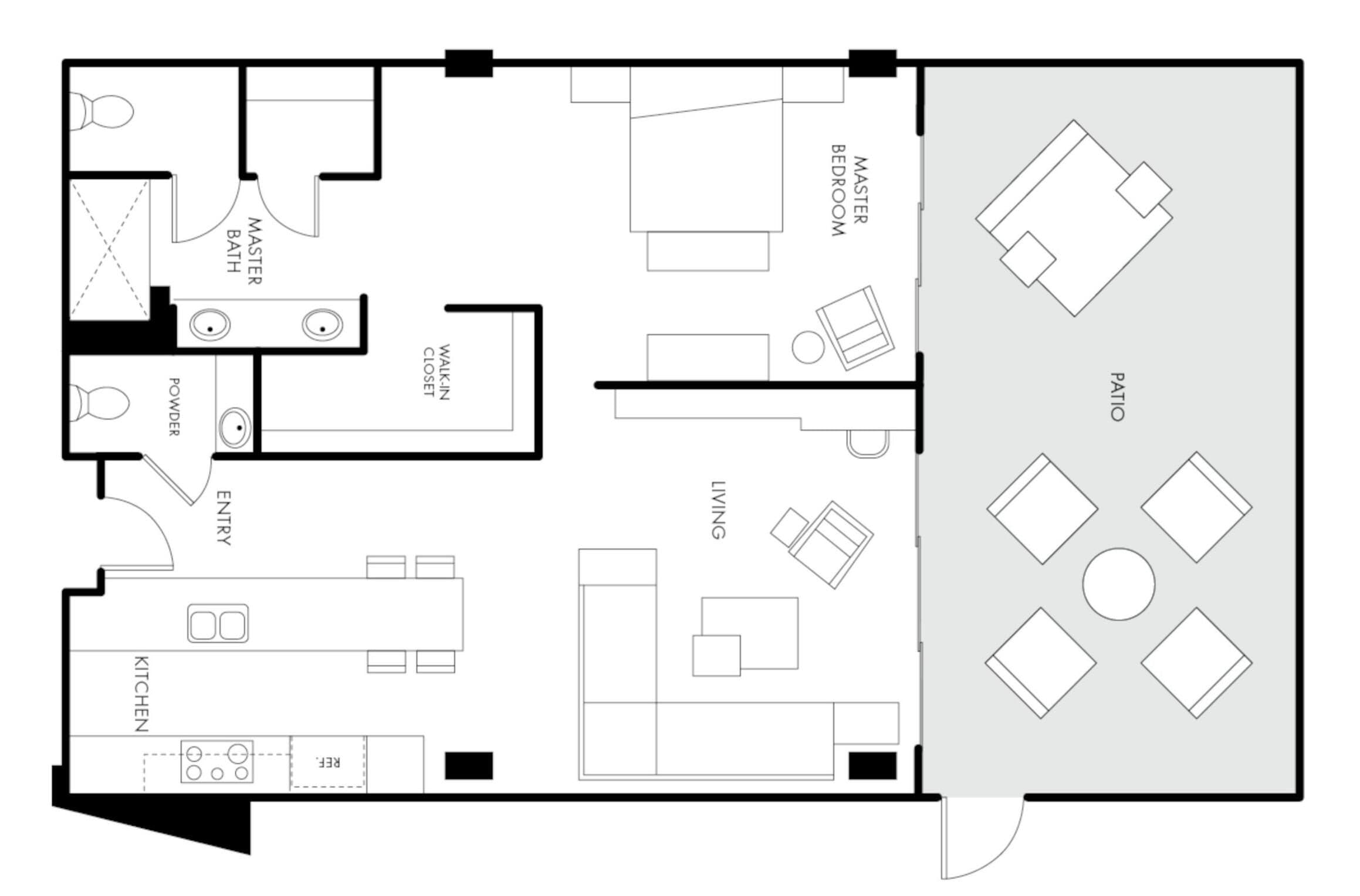 A floor plan with a master bedroom, walk-in closet, kitchen, living area, and patio.
