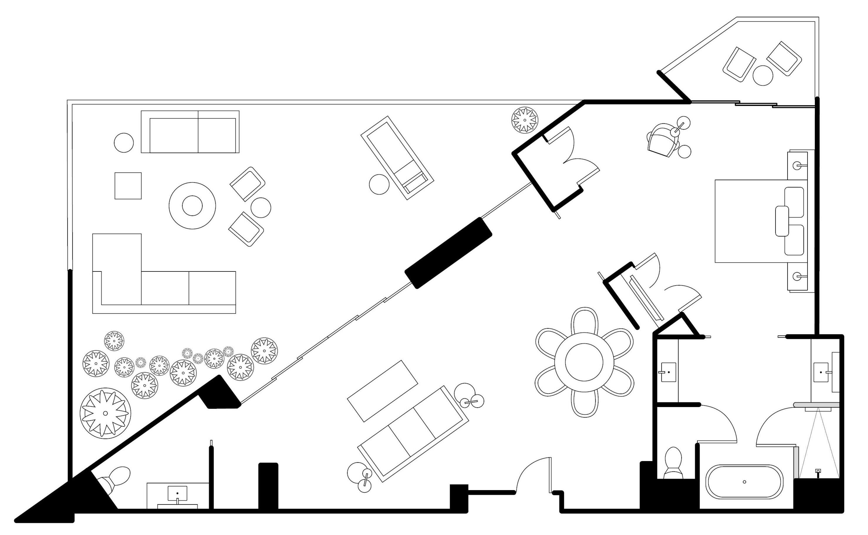 A hotel layout with a central corridor, multiple rooms, a dining area, and a bathroom.
