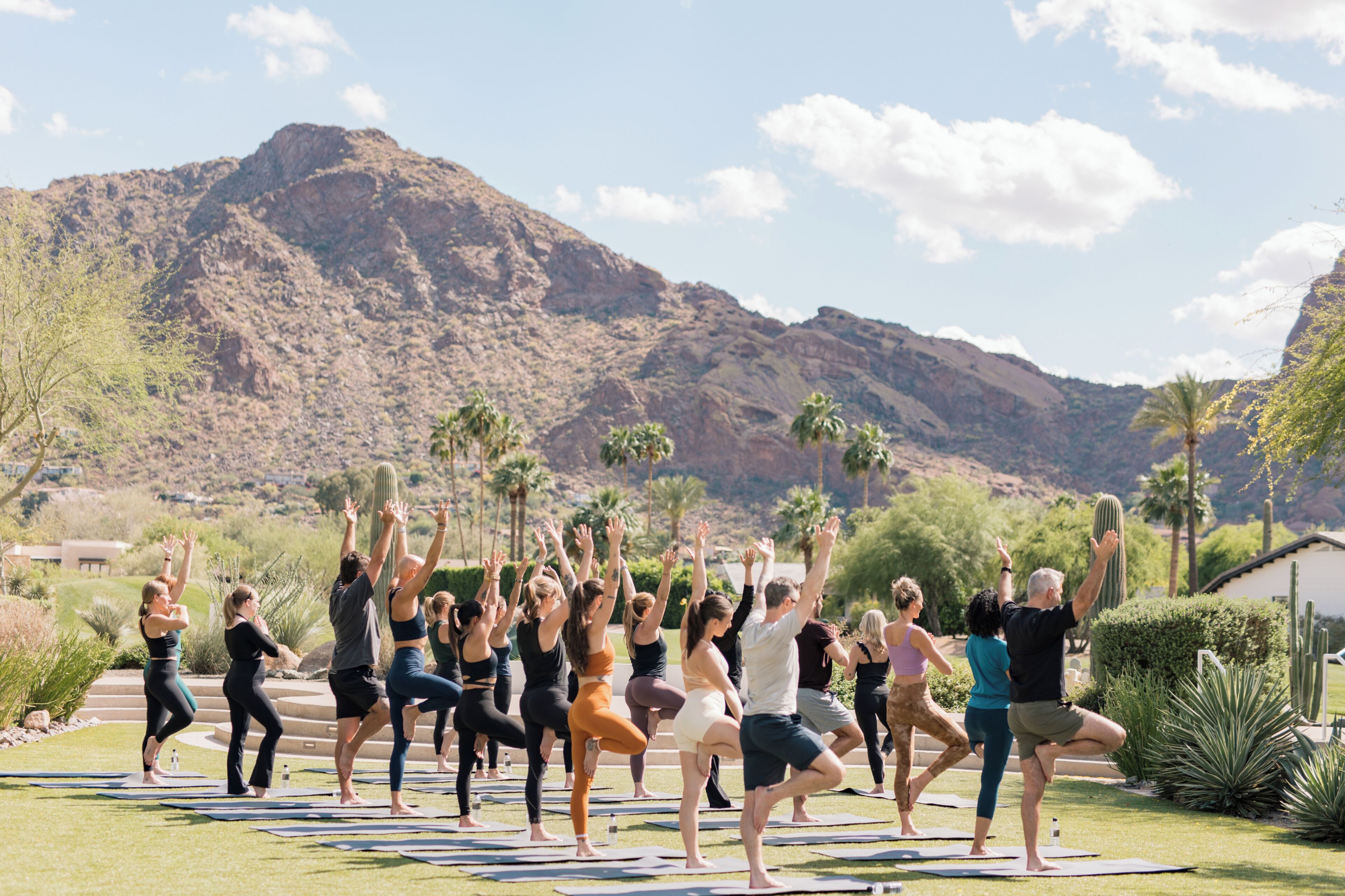 Un grupo de personas practicando yoga al aire libre con montañas al fondo.