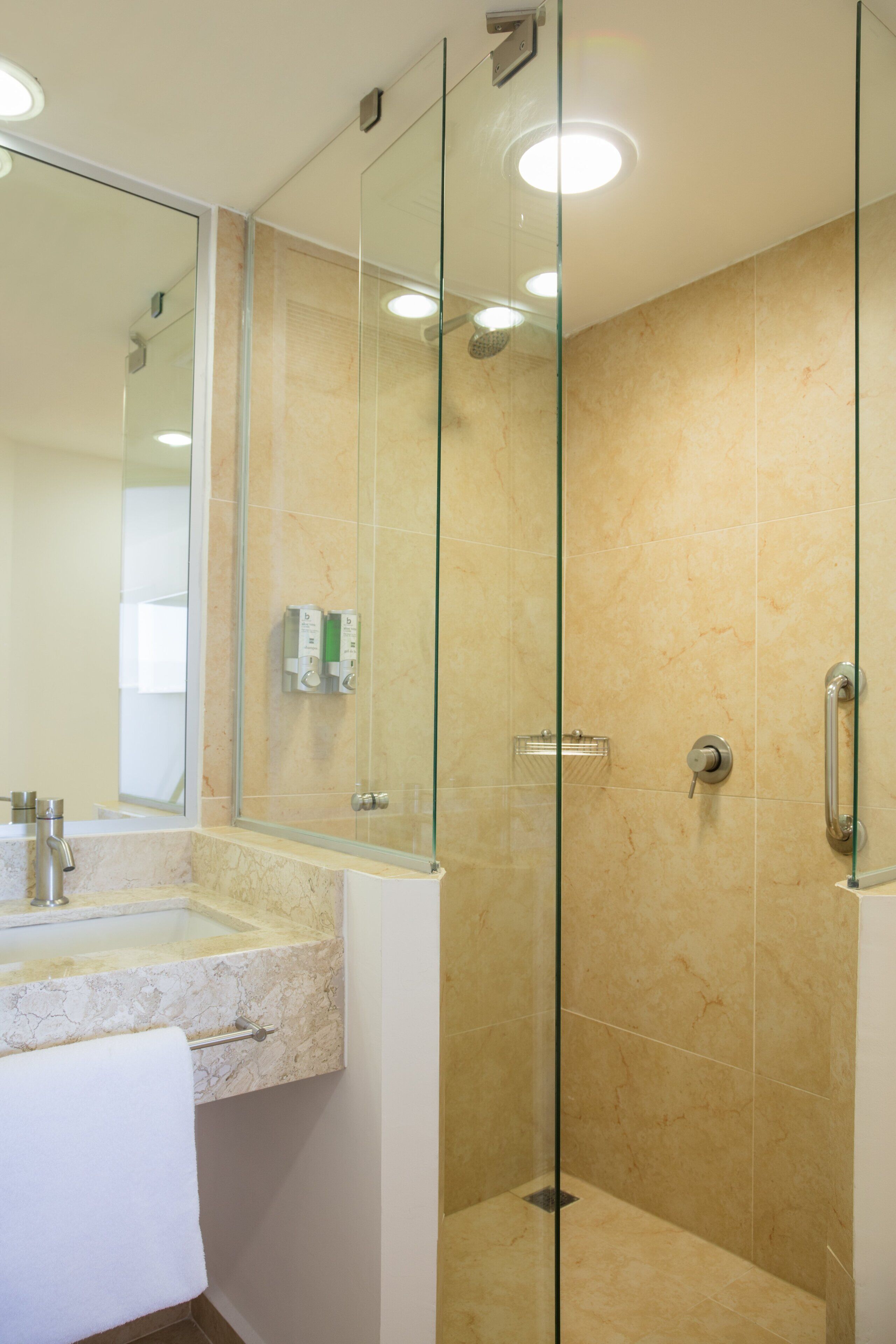 shower, free toiletries, hair dryer, towels