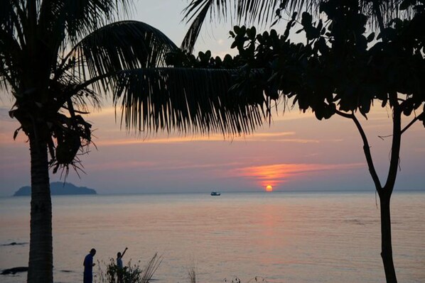A sunset over a calm sea with palm trees silhouetted against the sky. - Lomtalay Resort Trat (Laem Ngop)