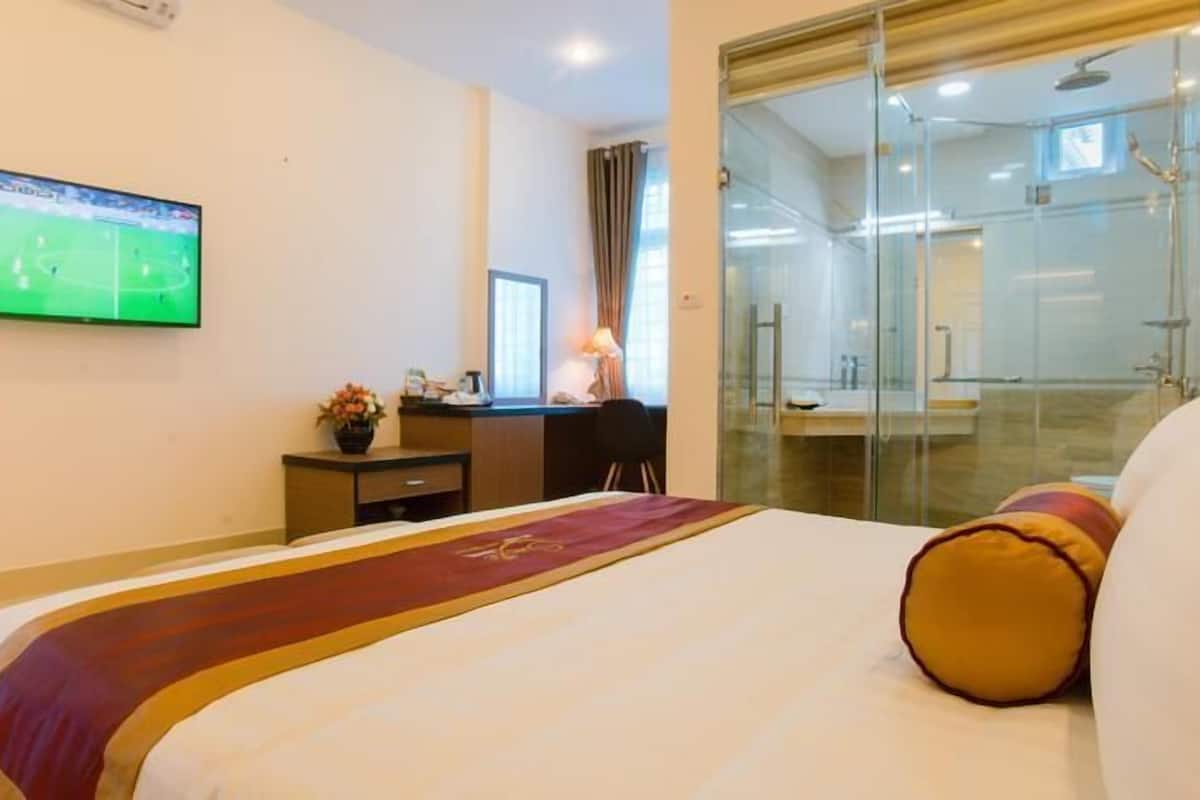 Una habitación de hotel con cama, escritorio, televisor y cabina de ducha acristalada.