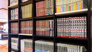 A bookshelf filled with various books, some with colorful covers and others with plain designs. - Hirosaki Plaza Hotel (Hirosaki)