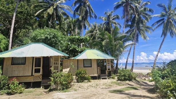 A beachside bungalow with a corrugated metal roof, surrounded by lush palm trees and a clear view of the ocean. - Floresita's Beach Resort (El Nido)