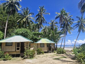 Un bungalow sulla spiaggia con tetto in lamiera, circondato da rigogliose palme e vista libera sull'oceano.