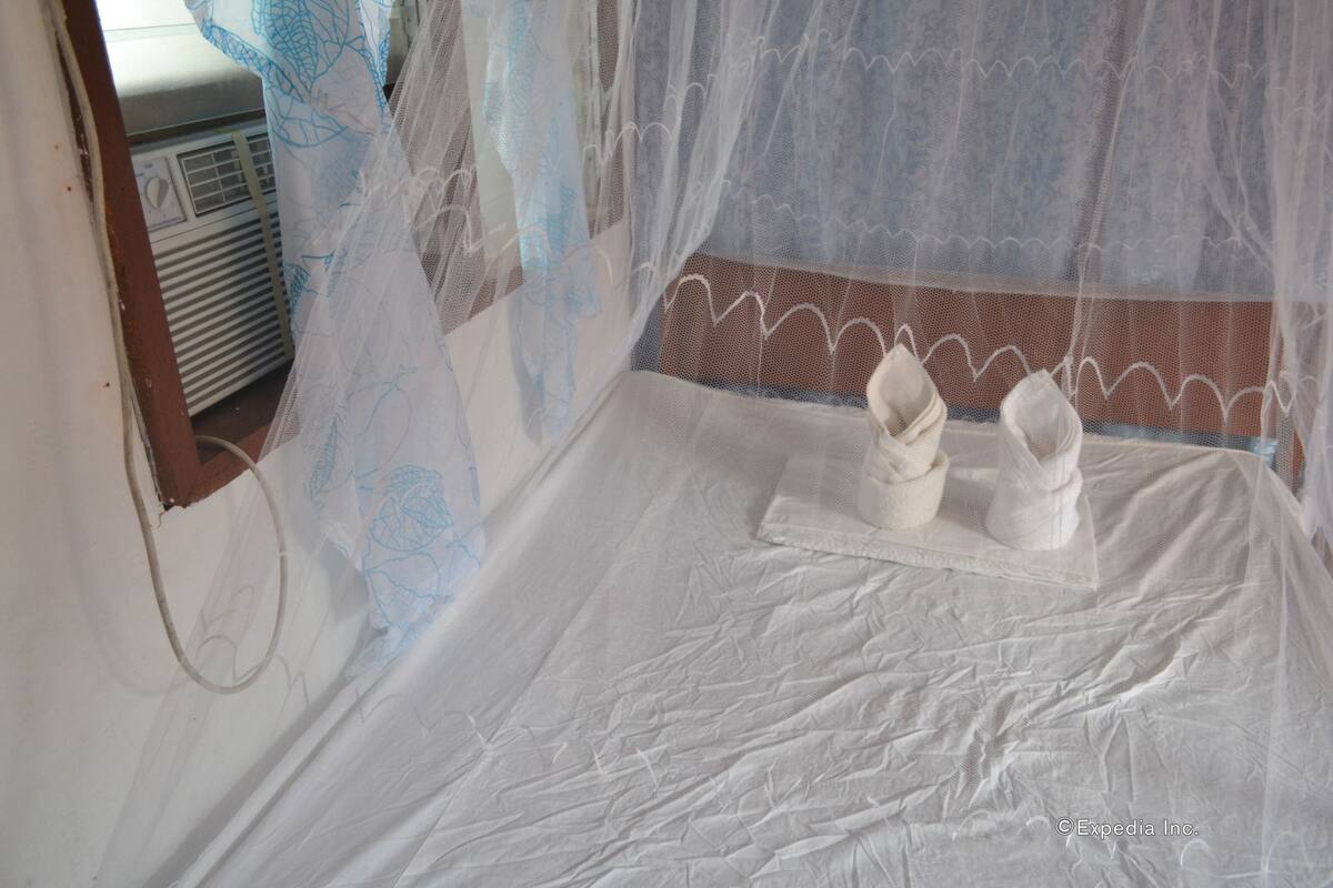 A bed with a mosquito net and two white towels.