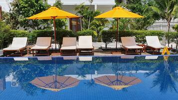 Outdoor pool, pool umbrellas, pool loungers