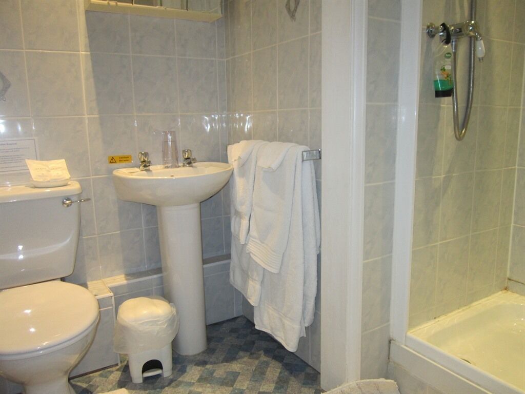 A bathroom with a toilet, sink, and shower.