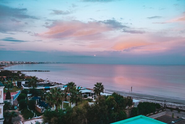 A coastal view with a beach, palm trees, and a distant cityscape.