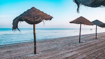 Private beach, sun loungers, beach umbrellas, beach towels