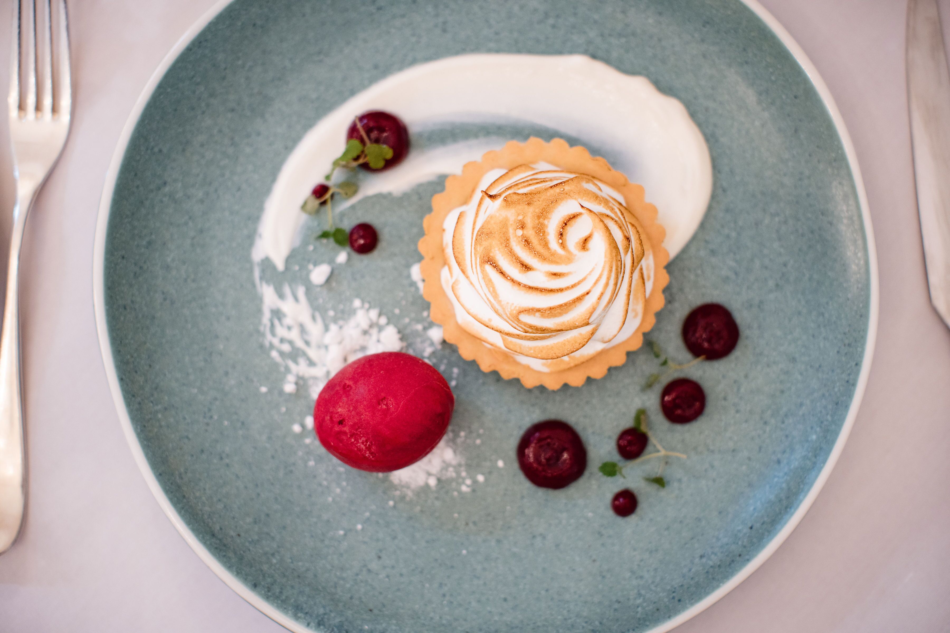 Un plato de postre con un pastel glaseado en espiral, una bola de helado y bayas esparcidas.