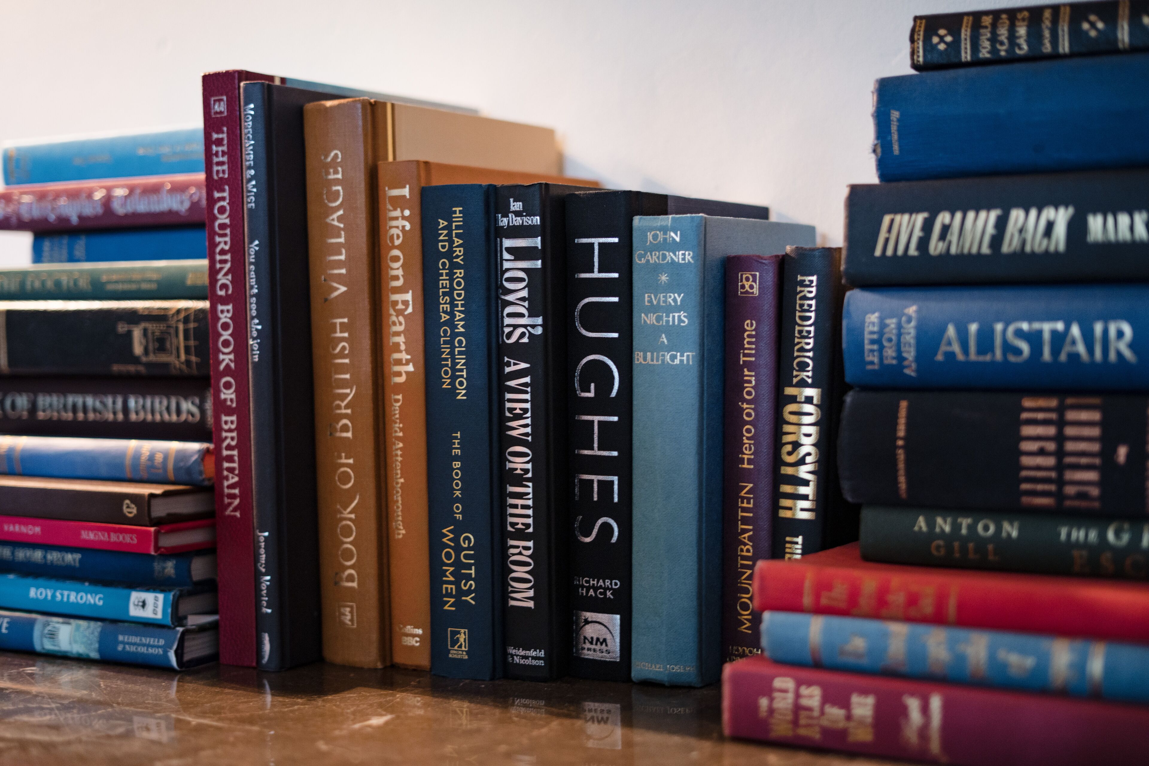 Una pila de libros sobre una estantería.