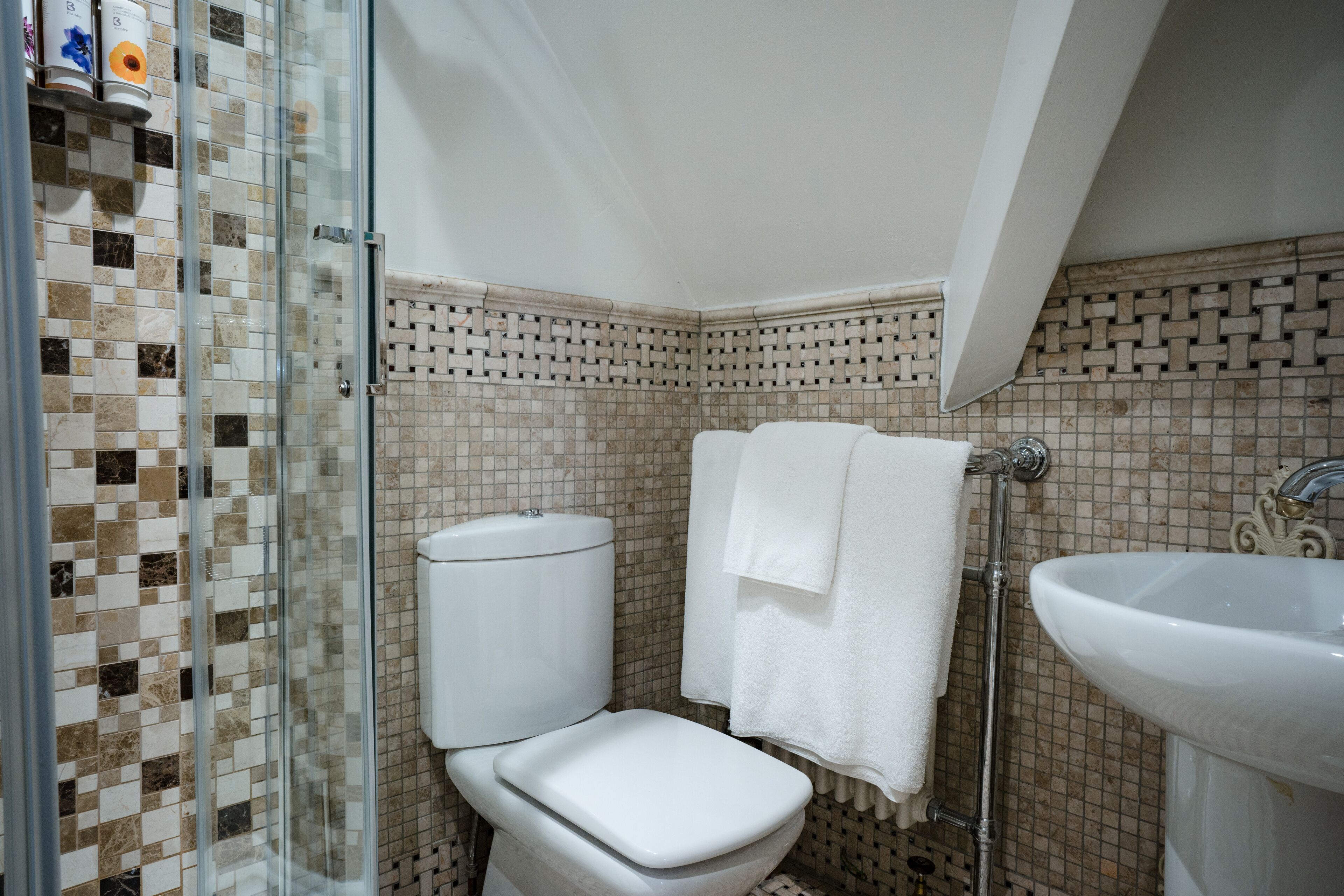 A bathroom with a glass shower enclosure, a toilet, a sink, and a towel rack.