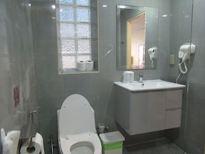 Een moderne badkamer met toilet, wastafel en een haardroger aan de muur.