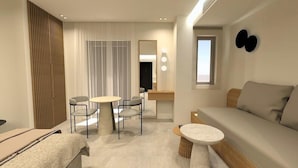 A modern hotel room with a sofa, a round dining table with chairs, a small side table, and a large window. - Nontas Hotel Apartaments (Chania)