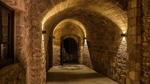 Un couloir en pierre doté d’un plafond en arc de cercle, d’un sol orné de motifs et d’un éclairage fixé aux murs.