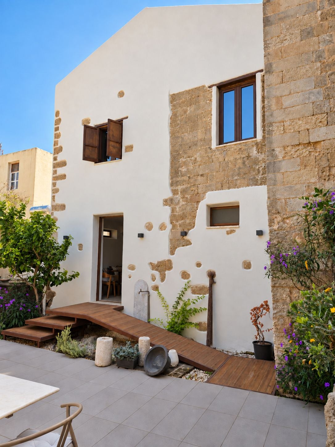 A modern building with a stone facade, a wooden deck, and a small garden with potted plants and flowers.