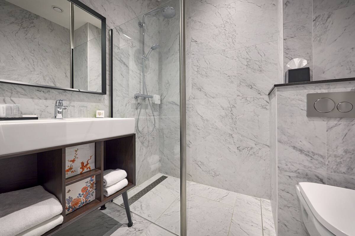 classic double room | bathroom | shower, free toiletries, hair dryer, towels