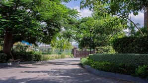 A paved pathway leading to a gated entrance surrounded by lush greenery and trees.