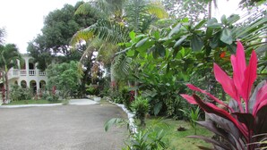 A paved courtyard with lush tropical plants and a building with arched balconies in the background. - Ocean Wave Villa (Negril)